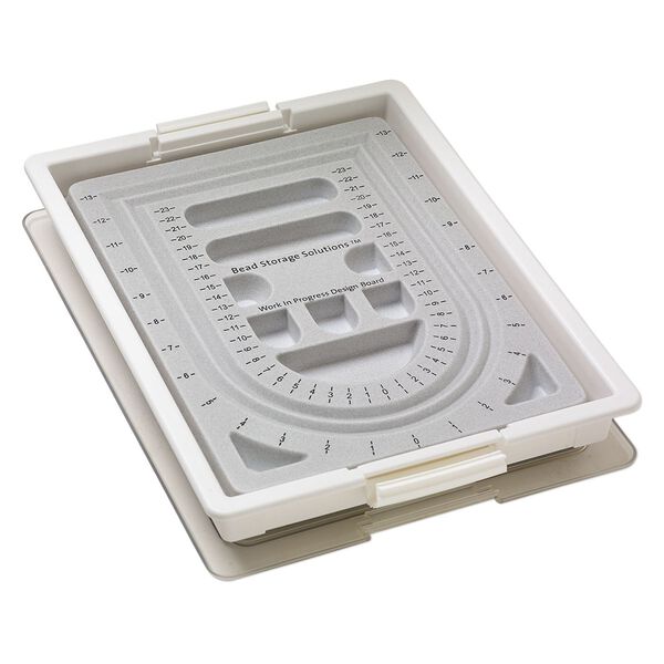 Organizer, Bead Storage Solutions&trade; Work In Progress Tray&trade;, plastic / polystyrene / polypropylene, clear / off-white / grey, 13-3/4 x 10-1/2 x 2 inches with 12 x 9 x 3/4 inch bead board. Sold per 4-piece set. image number 1