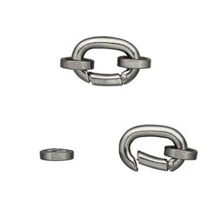 Clasp self-closing hook 1pkg2 gunmetal-plated, 14x10mm / 7x6mm oval jump ring, brass 1-strand