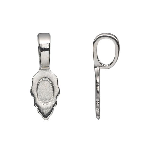 Bail, Aanraku&reg;, glue-on, nickel-plated "pewter" (zinc-based alloy), 25x8mm with 13x8mm leaf flat base. Sold per pkg of 5. image number 0