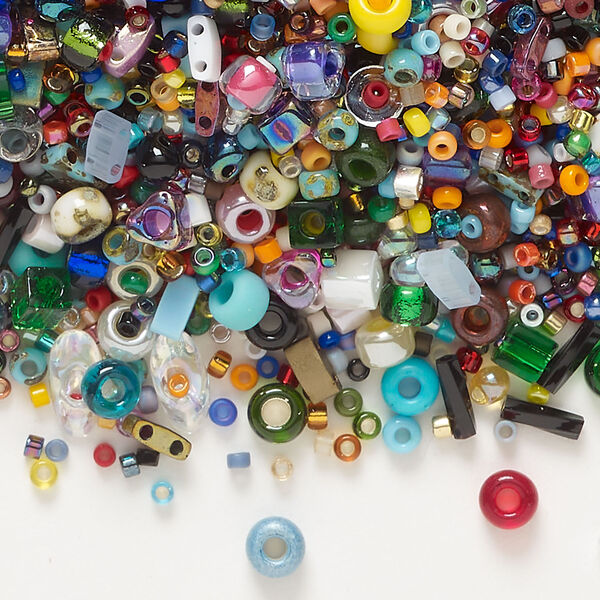 Seed bead mix, glass, pkg/100g, 15/0 to 12x2mm mixed shapes, mixed colors. image number 0