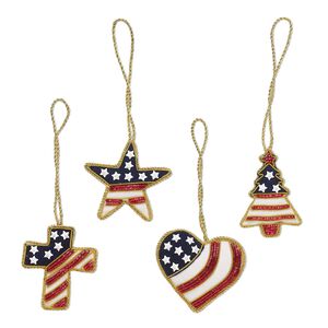 Ornament, gold-finished copper / velveteen / plastic, red / white / blue, assorted single-sided shapes and sizes with stars and stripes design and glass beads. Sold per pkg of 4.