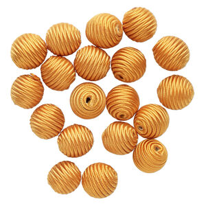 Bead gmelina wood nylon 1pk 20mm wrapped round, golden yellow, 2 ounce