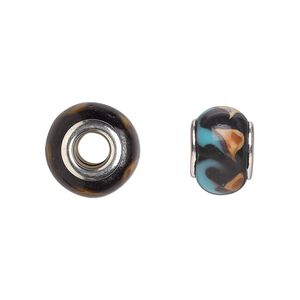 Bead, Dione&reg;, lampworked glass with silver-plated steel grommets, black with brown and blue swirls, 14x10mm rondelle with 4.5-5mm hole. Sold per pkg of 6.