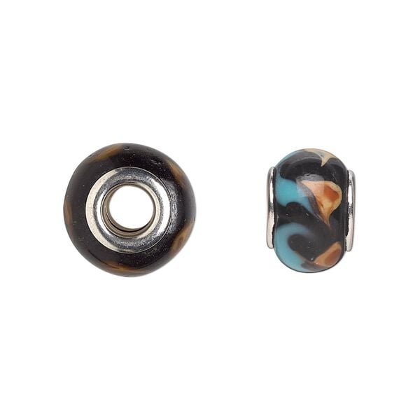 Bead, Dione&reg;, lampworked glass with silver-plated steel grommets, black with brown and blue swirls, 14x10mm rondelle with 4.5-5mm hole. Sold per pkg of 6. image number 0