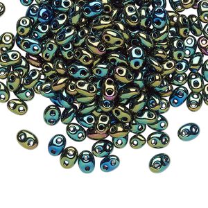 Seed bead, Preciosa Twin&trade; Czech glass, pkg/250g, 5x2.5mm oval, opaque olive iris black, (59155).