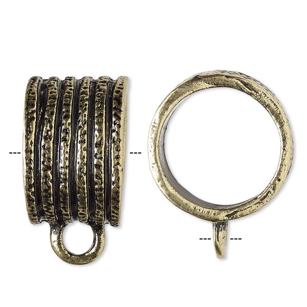 Scarf jewelry component, antique gold-finished "pewter" (zinc-based alloy), 22mm round with lines design and closed loop, 18mm hole. Sold individually. image number 0