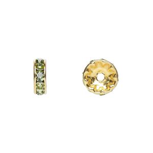 Bead 4pk peridot gold plate foil back, Crystal Passions&reg; 10x3.5mm rondelle 77510