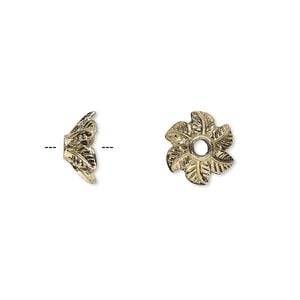 Bead cap, antique gold-finished "pewter" (zinc-based alloy), 10x5mm leaf with 2.5mm hole, fits 8-12mm bead. Sold per pkg of 20.