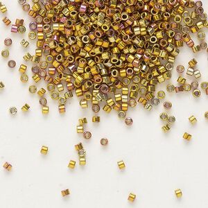 Seed bead, Delica&reg;, glass, pkg/4g, #11 round, opaque 24Kt gold-plated iris (DB-0501).