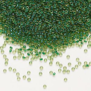 Seed bead, Miyuki, glass, pkg/250g, #15 rocaille, translucent emerald-lined luster light topaz (RR-331).