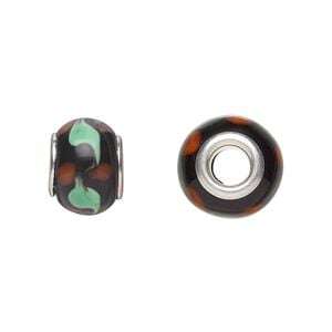 Bead, Dione&reg;, lampworked glass with silver-plated steel grommets, black with red and green swirls, 14x10mm rondelle with 4.5-5mm hole. Sold per pkg of 6.