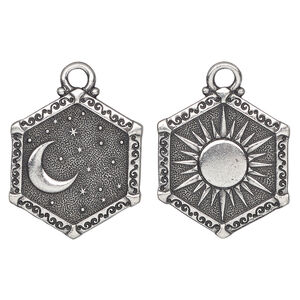 Charm, TierraCast&reg;, "Celestial" collection, pewter (tin-based alloy), 24.5x21.5mm, 2-sided hexagon with sun and moon design. Sold per pkg of 10.