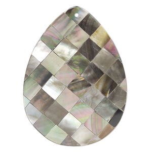 Focal, black lip shell and resin (assembled) 1pkg1, 49x34mm-51x36mm flat teardrop with checkerboard pattern.
