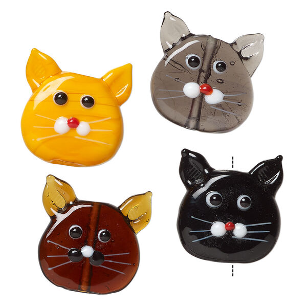 Bead mix 1pkg4, lampworked glass, multicolored, 22x21mm cat head. image number 1