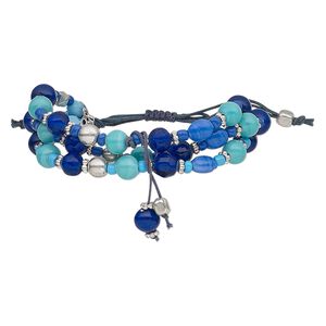Bracelet, 3-strand, waxed cotton cord / glass / silver-coated acrylic / silver-plated steel, multicolored, 28mm wide, adjustable from 5-1/2 to 9 inches with macram&eacute; knot closure. Sold individually.