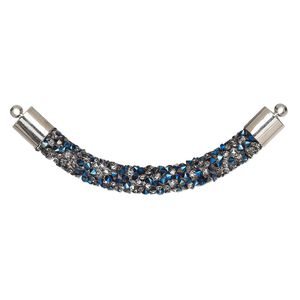 Focal, glass / resin / imitation rhodium-finished brass, metallic half-coated clear and blue, 60-64mm curved tube. Sold per pkg of 4.
