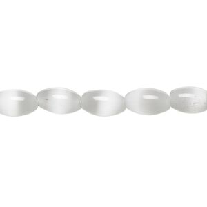 Bead, cat's eye glass (fiber optic glass), white, 9x6mm oval, quality grade. Sold per 15-1/2" to 16" strand.