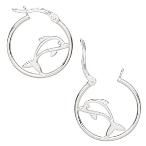 Earring, Create Compliments&reg;, sterling silver, 22mm single-sided hoop with dolphin and latch-back closure. Sold per pair.