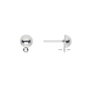 Earstud 1pkg500 silver-plated, 6mm half-ball / closed loop, brass / stainless steel 250 pair