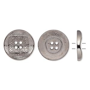 Button, gunmetal-finished "pewter" (zinc-based alloy), 21mm single-sided wavy flat round with textured square design. Sold per pkg of 20.