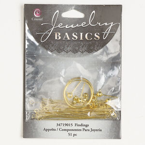 Finding assortment 1pkg51, gold-finished steel, mixed sizes ear finding / head pin / eye pin.