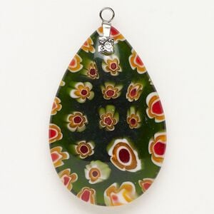 Focal 1pkg1 silver-finished steel and millefiori glass, translucent and transparent multicolored, 47x30mm-48x33mm puffed teardrop.