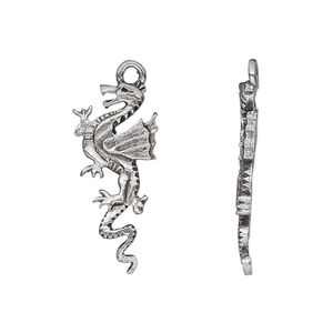 Charm, pewter (tin-based alloy), pkg/1, antiqued, 25x11mm dragon.
