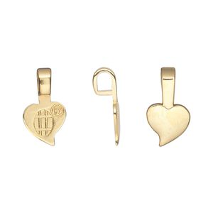 Bail, Aanraku&reg;, glue-on pendant, gold-plated "pewter" (zinc-based alloy), 16.5x9mm with 9mm heart flat base. Sold per pkg of 5.