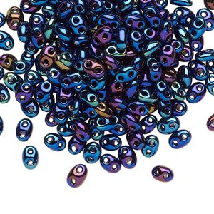 Seed bead, Preciosa Twin&trade; Czech glass, pkg/10g, 5x2.5mm oval, opaque blue iris black, (59135).