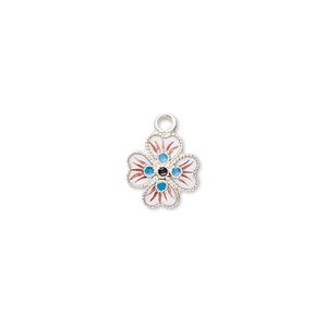 Drop, sterling silver with cloisonn&eacute;, white, 10x10mm flower. Sold individually.