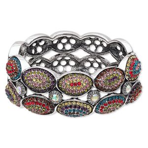 Bracelet, hinged bangle, glass rhinestone / antique silver-finished steel / "pewter" (zinc-based alloy), multicolored, 27.5mm wide with 2-row oval design, 6 inches. Sold individually.