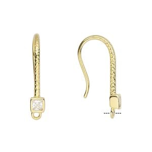 Ear wire fishhook 1pkg2 sterling silver / cubic zirconia, 24mm textured / 4mm faceted square / closed loop, 15 gauge gold-finished / clear 1 pair