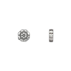 Bead 1pkg100 silver-plated "pewter", 7mm flower / 2sided, antique