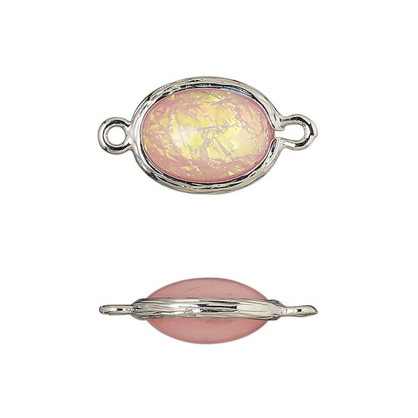 Link, Opalized Ice&trade;, "opal" (resin) and imitation rhodium-finished brass, opaque light pink, 16x12mm double-sided oval .Sold per pkg of 4. image number 0