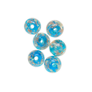 Bead, lampworked glass, clear / blue / glow-in-the-dark / gold, 8mm round. Sold per pkg of 6.