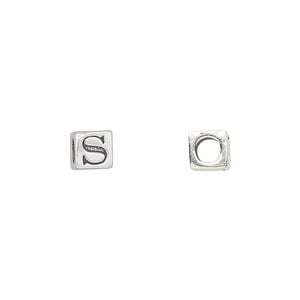 Bead 1pkg1 sterling silver, 5.5mm cube / letter S, antiqued Dione&reg;