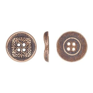 Button, antiqued copper-finished "pewter" (zinc-based alloy), 15mm single-sided wavy flat round with textured square design. Sold per pkg of 20.