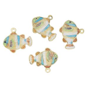Charm, cloisonn&eacute;, enamel and gold-finished brass, multicolored, 20x14mm fish with stripes. Sold per pkg of 4.