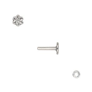 Washer and brad, antique silver-plated brass, 4x0.7mm and 10.5x6mm with 6x5.5mm flower and 1.5mm post diameter. Sold per pkg of (2) 2-piece sets.