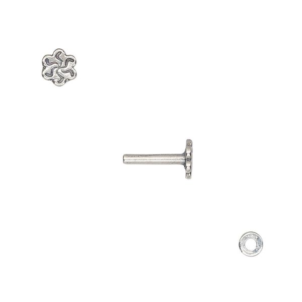 Washer and brad, antique silver-plated brass, 4x0.7mm and 10.5x6mm with 6x5.5mm flower and 1.5mm post diameter. Sold per pkg of (2) 2-piece sets. image number 0