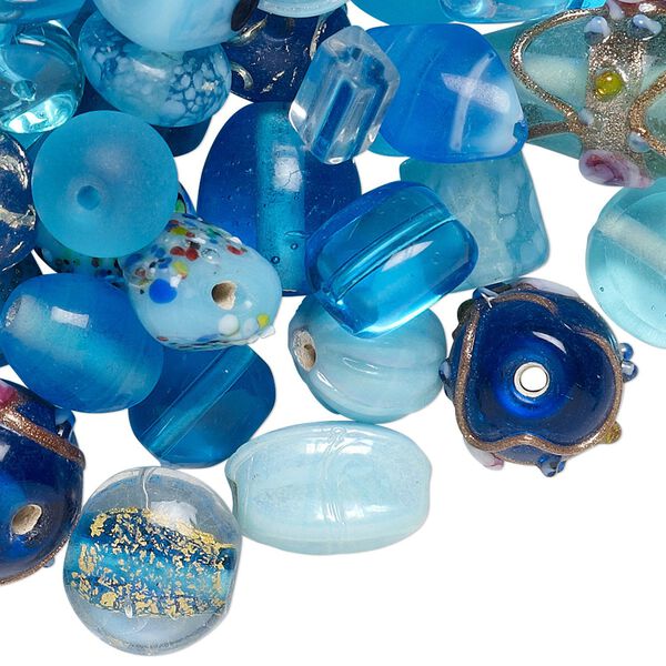 Bead mix, lampworked glass, turquoise blue with fancy finish, 7x4mm-14x11mm mixed shapes. Sold per pkg of 100-grams, approximately 60-100 beads. image number 0
