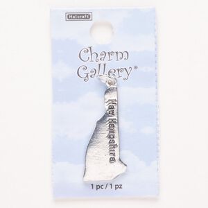 Charm, steel and enamel, pkg/1, silver finish and black, 30x15mm with "New Hampshire."