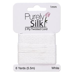 Cord, Purely Silk&trade;, 3-ply, white, 1mm twisted. Sold per 6-yard card.