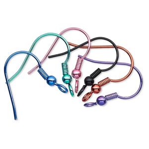 Ear wire fishhook assortment 1pkg12 stainless steel / brass, 19mm / 3mm ball / 4mm coil / open loop, 21 gauge electro-coated assorted colors 6 pair