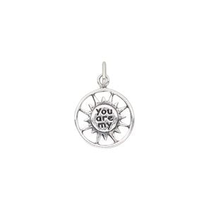 Charm, antiqued sterling silver and enamel, black, 12mm single-sided open round with sun and "You are my." Sold individually.