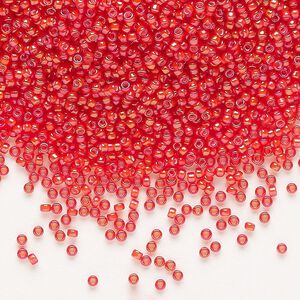 Seed bead, Miyuki, glass, pkg/250g, #15 rocaille, opaque white-lined luster flame red, (RR-3762).