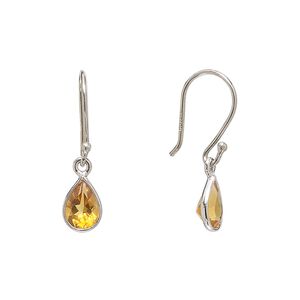 Earring, Create Compliments&reg;, citrine (heated) and sterling silver, 23mm teardrop with fishhook ear wire, 21 gauge. Sold per pair.