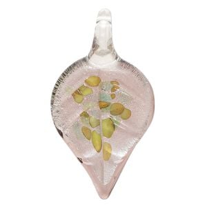 Focal, lampworked glass, opaque to transparent purple / green / light blue, 52x29mm-57x31mm leaf with silver-colored foil. Sold individually.