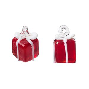 Drop, lampworked glass, red and white, 15x12mm 3D present. Sold individually.