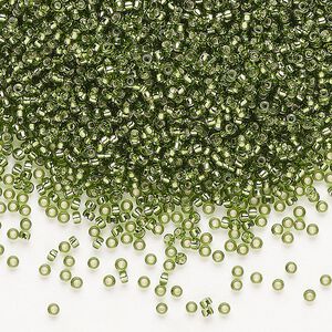 Seed bead, Miyuki, glass, pkg/35g, #15 rocaille, transparent silver-lined olive green (RR-26).